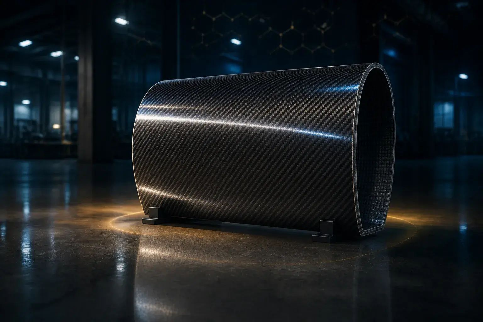 A woven carbon-fibre composite cylinder resting on low mounts in a darkened industrial hall, its twill weave catching the light, ringed by warm gold light against a faint gold hexagonal lattice.