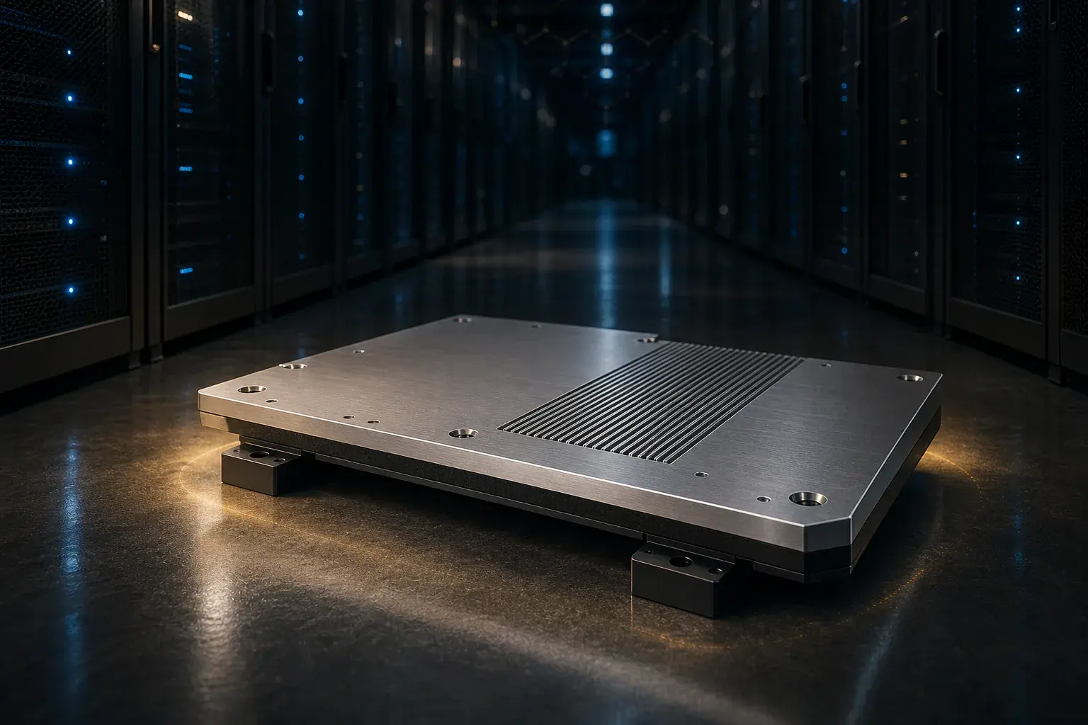 A finned metal thermal management plate mounted on standoffs in a data centre aisle, flanked by server racks with blue indicator lights and lit by a ring of warm gold light.