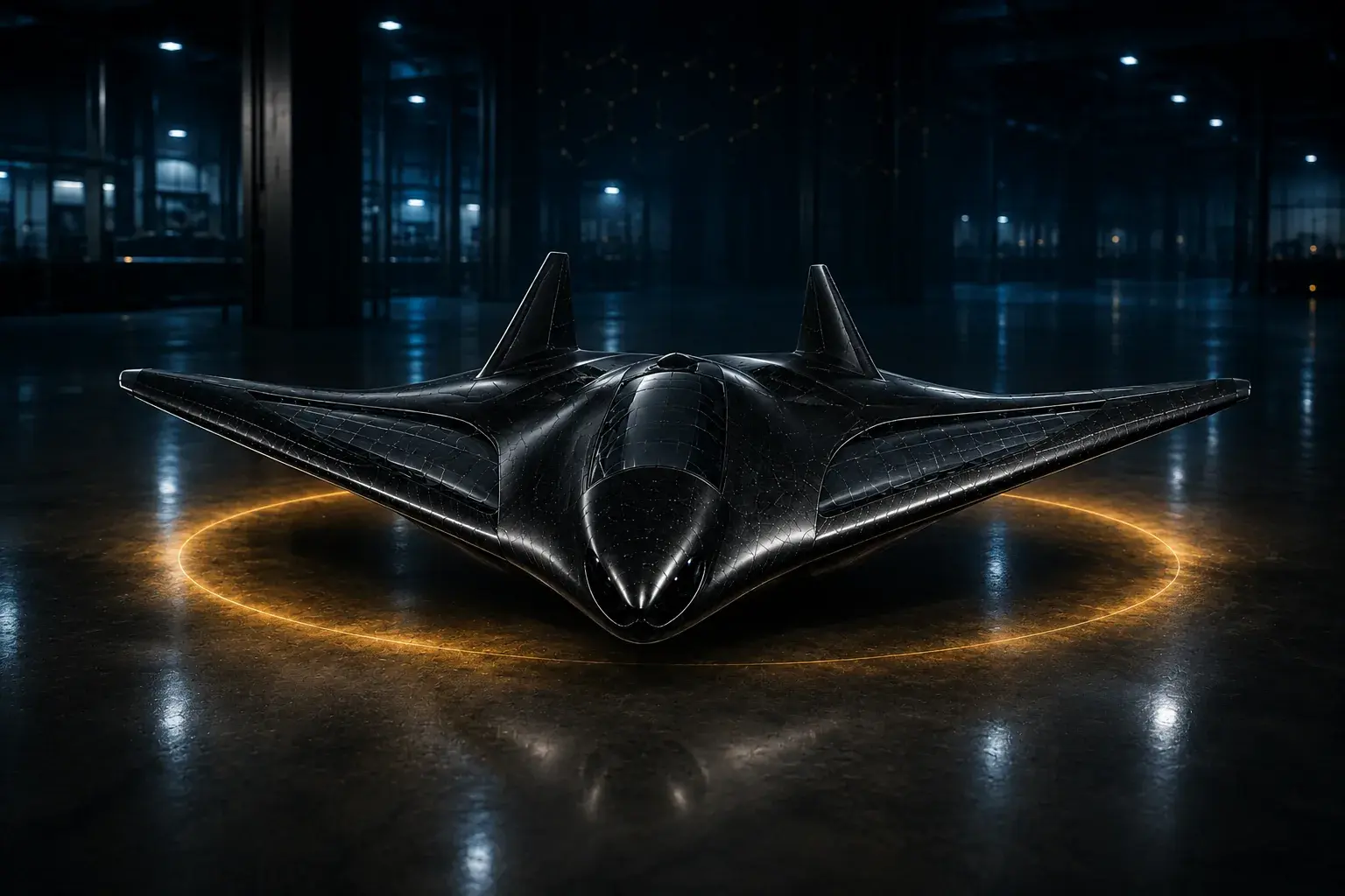 A matte black composite flying-wing airframe with a faceted, tiled surface, resting on a polished floor in a darkened industrial hall and ringed by warm gold light.