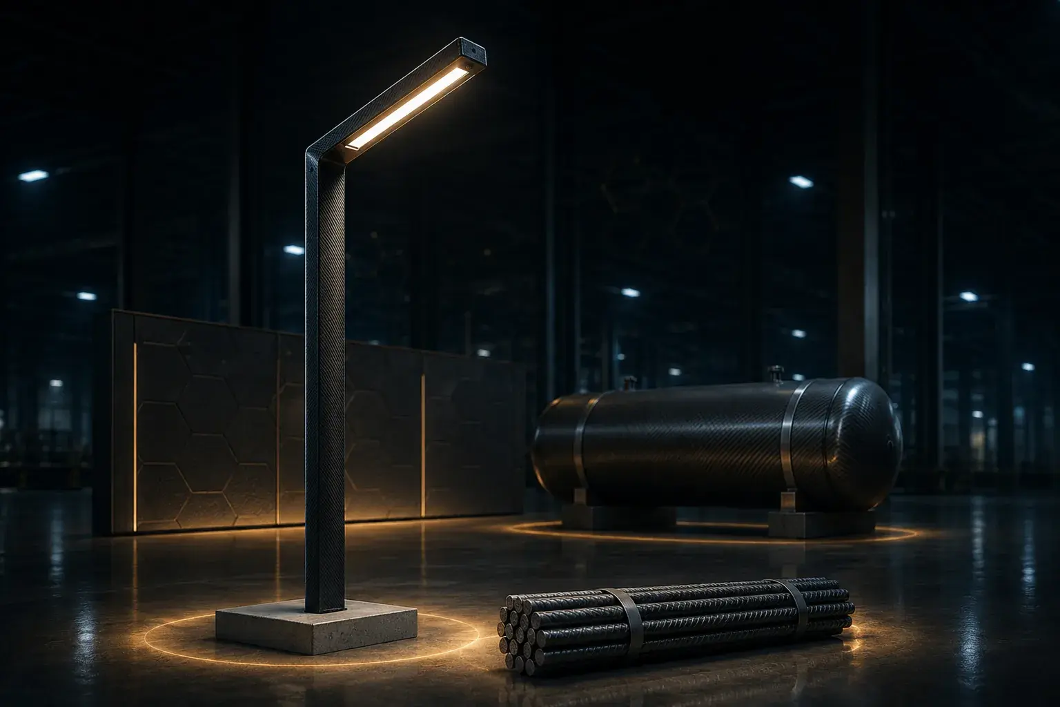 A composite lighting column with an illuminated head standing on a concrete base in a darkened industrial hall, alongside a bundle of composite reinforcement bar and a filament-wound pressure vessel, each ringed by warm gold light.