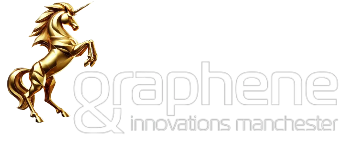 Graphene Innovations Manchester — rearing gold unicorn beside the graphene & innovations manchester wordmark